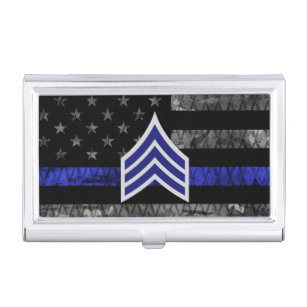 Sergeant Stripes Thin Blue Line Distressed Flag Business Card Holder