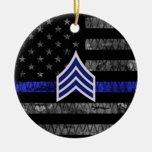 Sergeant Stripes Thin Blue Line Distressed Flag Ceramic Ornament