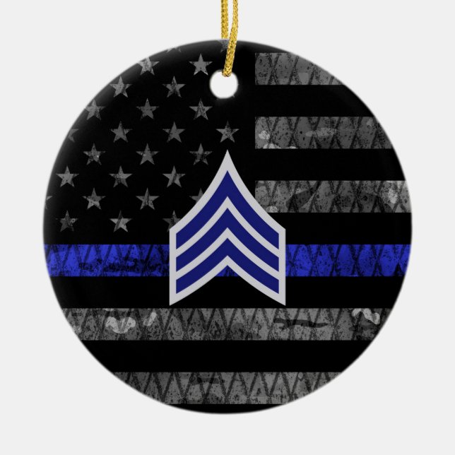 Sergeant Stripes Thin Blue Line Distressed Flag Ceramic Ornament (Front)