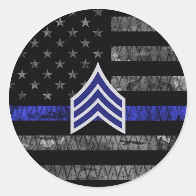 Sergeant Stripes Thin Blue Line Distressed Flag Classic Round Sticker (Front)