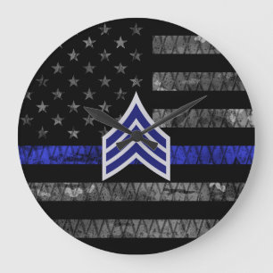 Sergeant Stripes Thin Blue Line Distressed Flag Large Clock