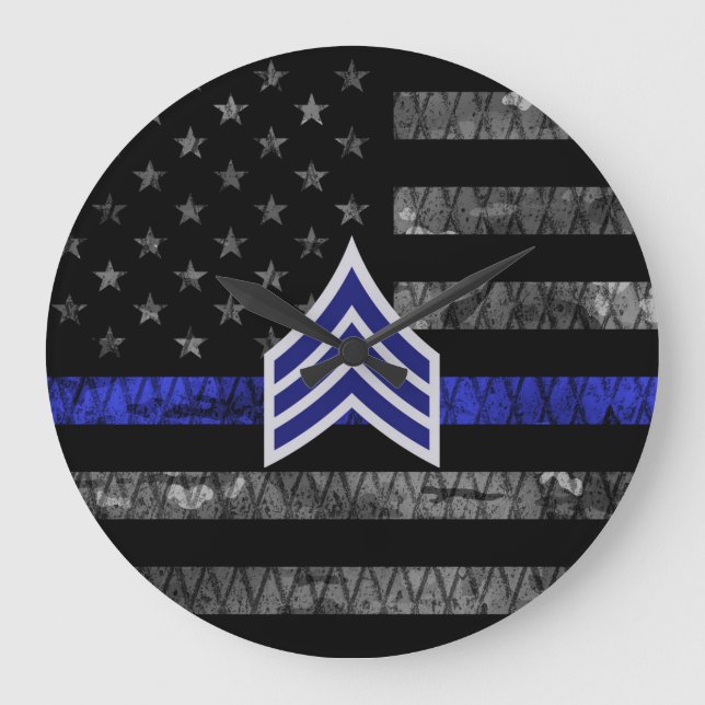Sergeant Stripes Thin Blue Line Distressed Flag Large Clock (Front)