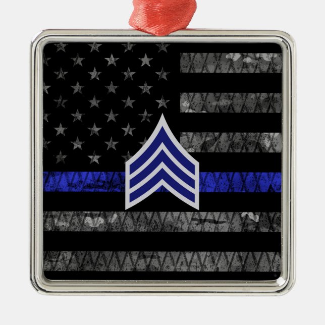 Sergeant Stripes Thin Blue Line Distressed Flag Metal Ornament (Front)