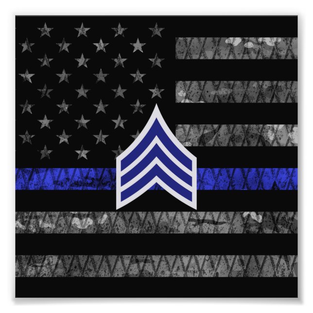 Sergeant Stripes Thin Blue Line Distressed Flag Photo Print (Front)