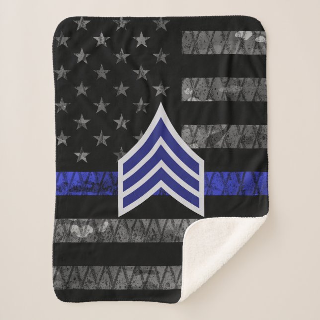 Sergeant Stripes Thin Blue Line Distressed Flag Sherpa Blanket (Front)