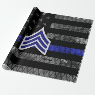 Sergeant Stripes Thin Blue Line Distressed Flag Wrapping Paper