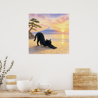 series_1_2|Square Stretching Black Cat Mt Fuji Art Poster