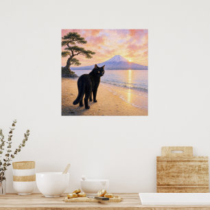 series_1_7|Square Looking Black Cat Mt Fuji Art Poster