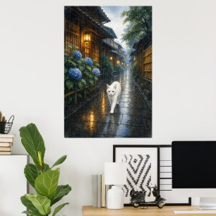 series_2_1｜Rainy Kyoto White Cat Japanese Art Poster