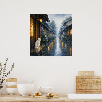 series_2_5|Square Kyoto Rain Shelter White Cat Art Poster