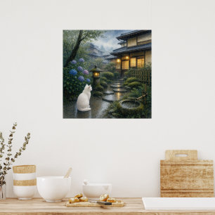 series_2_7｜Square Kyoto Zen Garden White Cat Art Poster
