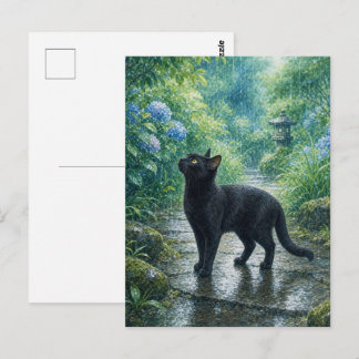 series_4_4|Summer Rain Black Cat Japanese Art Postcard