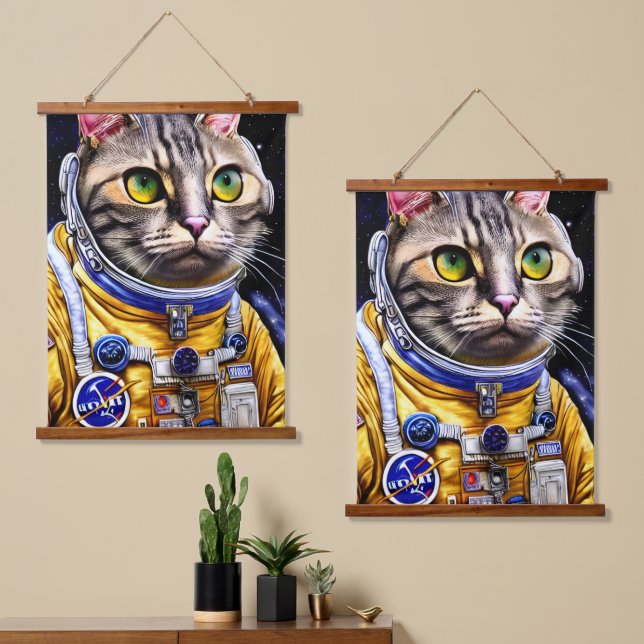 Serious Astronaut Cat Artwork Hanging Tapestry (Asymmetrical)