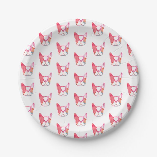 Seriously cute Boston Terrier paper plates in pink (Front)
