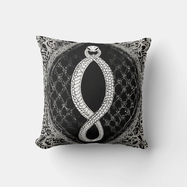 Serpentine Gothic: Elegant Black & White Ornamenta Cushion (Front)