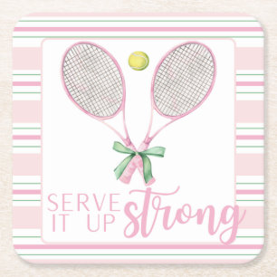 "Serve It Up Strong" Pink Tennis Racket Square Paper Coaster