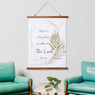 Serve the Lord Green leaves and gold frame Hanging Tapestry
