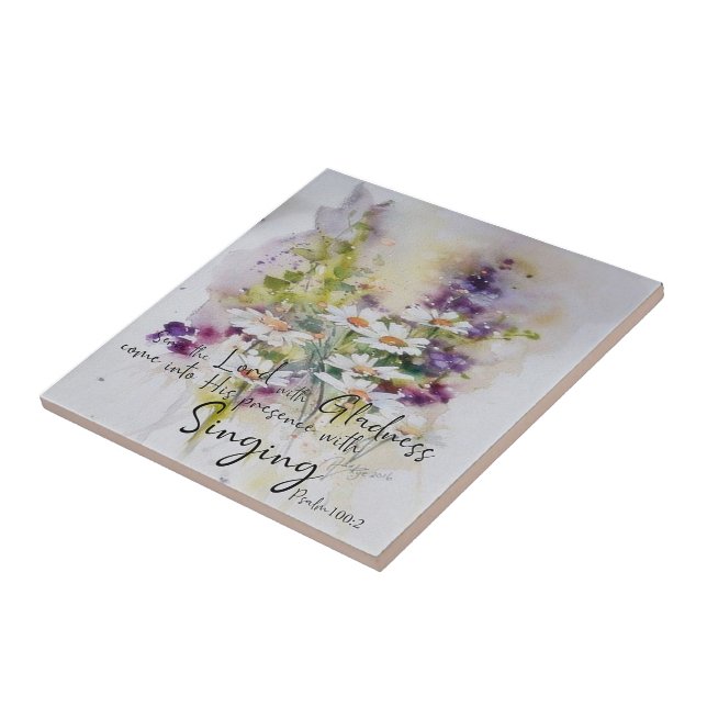 Serve the Lord with gladness floral  Ceramic Tile (Side)