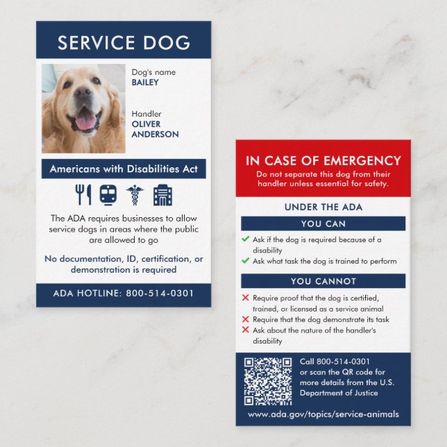 Service Dog ADA Requirements & Info Card (Front/Back)