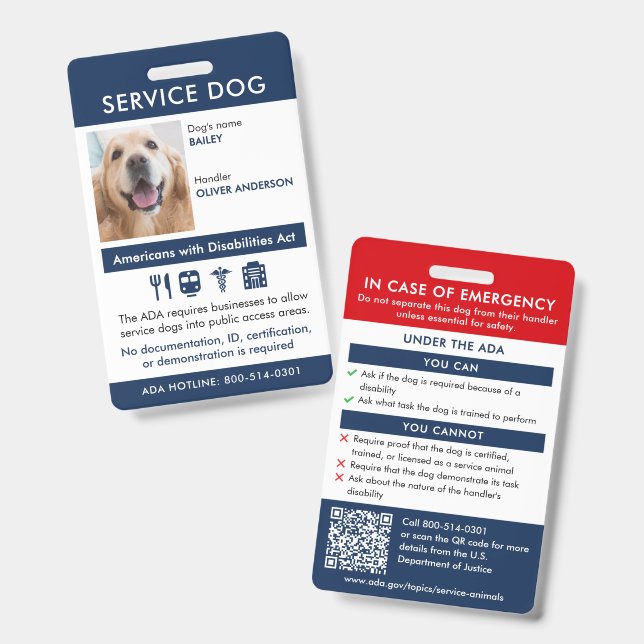 Service Dog ID ADA Requirements & Info Badge (Front & Back)