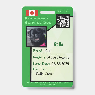 Service Dog ID Card green vertical Badge