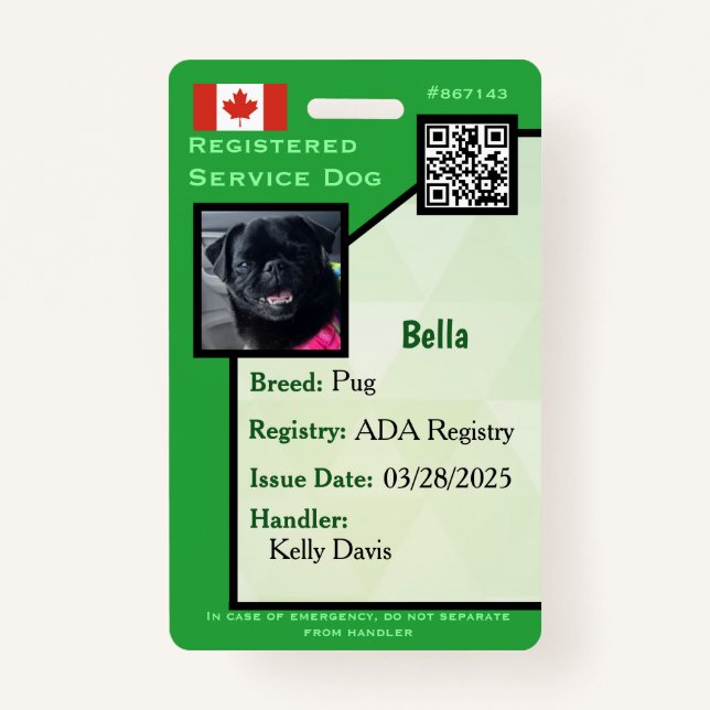 Service Dog ID Card green vertical  Badge ID Badge (Front)
