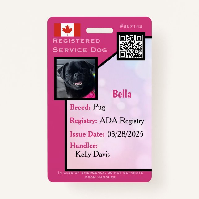 Service Dog ID Card pink vertical  Badge ID Badge (Front)