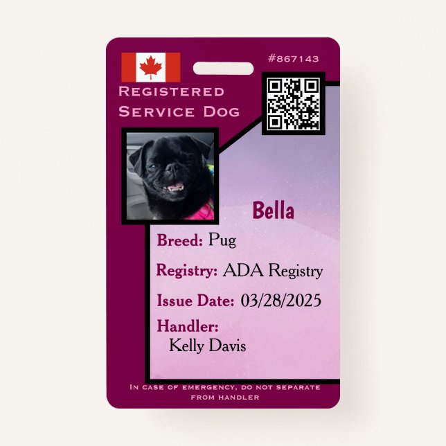 Service Dog ID Card purple vertical  Badge ID Badge (Front)