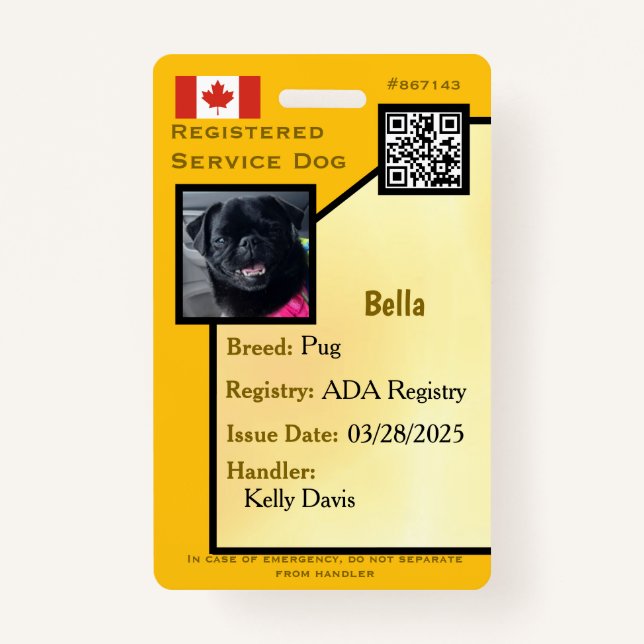Service Dog ID Card yellow vertical  Badge ID Badge (Front)