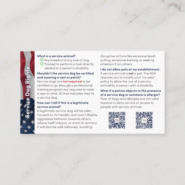 Service Dog Info Card: Quick Facts Business Card (Front)