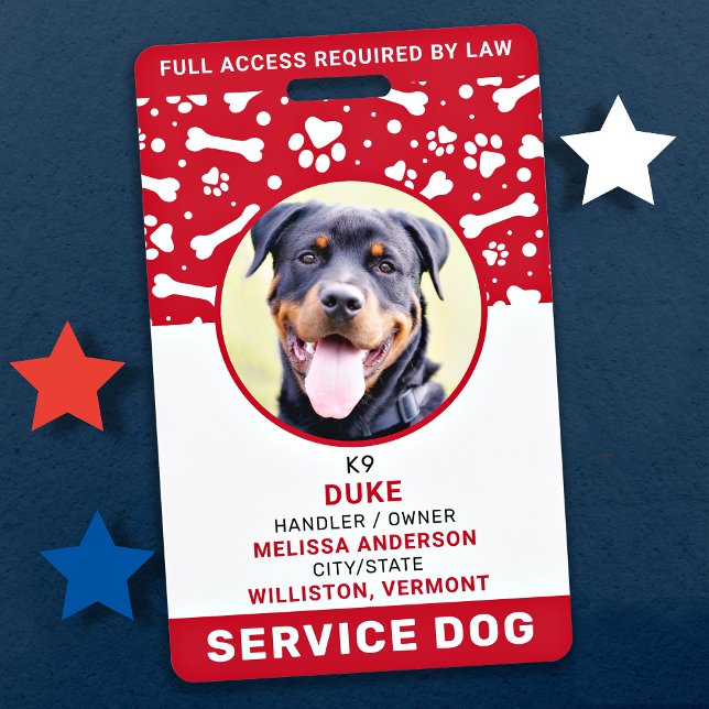 Service Dog Personalised Red Paw Prints Photo ID Badge (Creator Uploaded)
