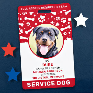 Service Dog Personalised Red Paw Prints Photo ID ID Badge