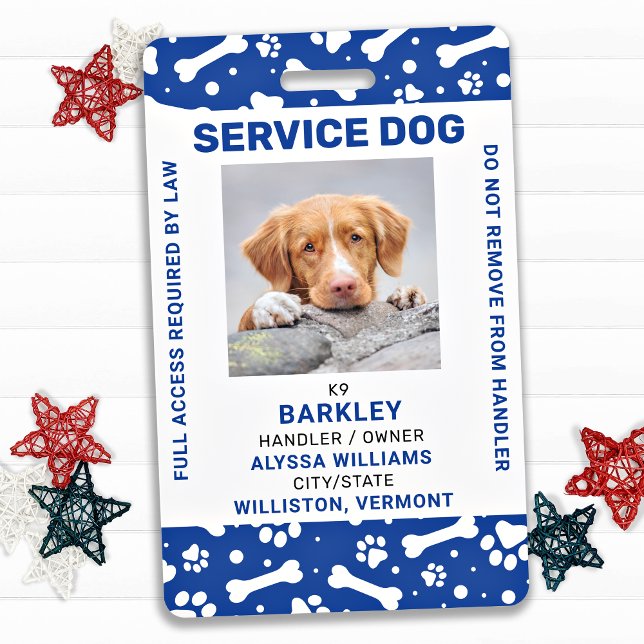 Service Dog Photo ID Personalised Blue Paw Prints ID Badge (Creator Uploaded)