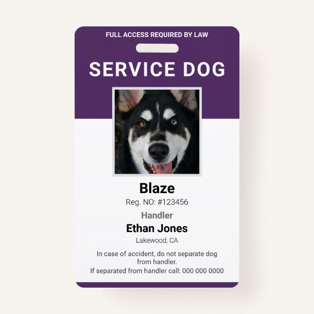 Service Dog Photo Purple ID Badge (Front)