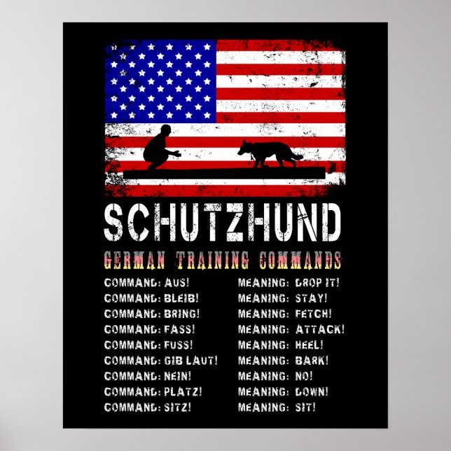 Service Dog Schutzhund German Training Commands Poster (Front)