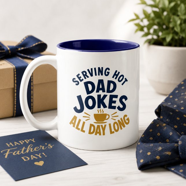 Serving Hot Dad Jokes All Day Long Funny Brew Puns Two-Tone Coffee Mug (Creator Uploaded)