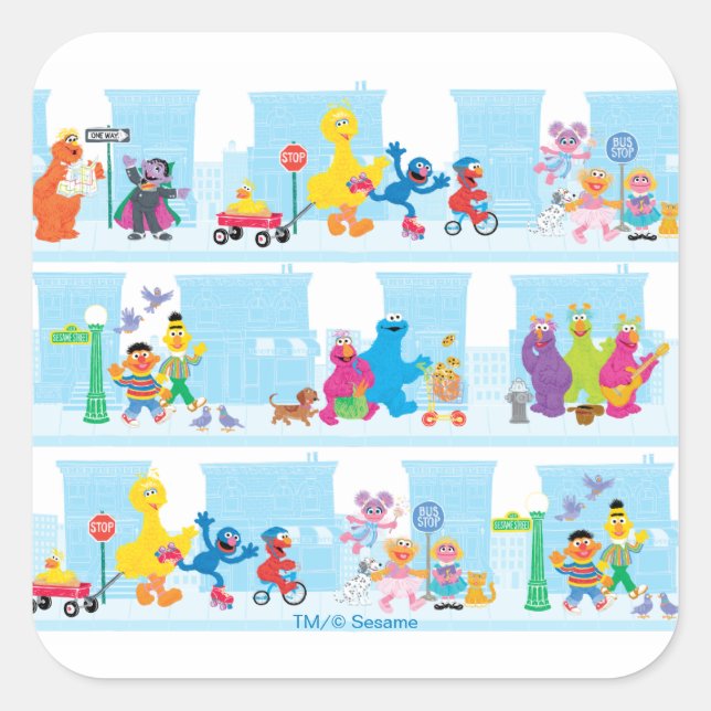 Sesame Pals Walking Along Sesame Street Pattern Square Sticker (Front)