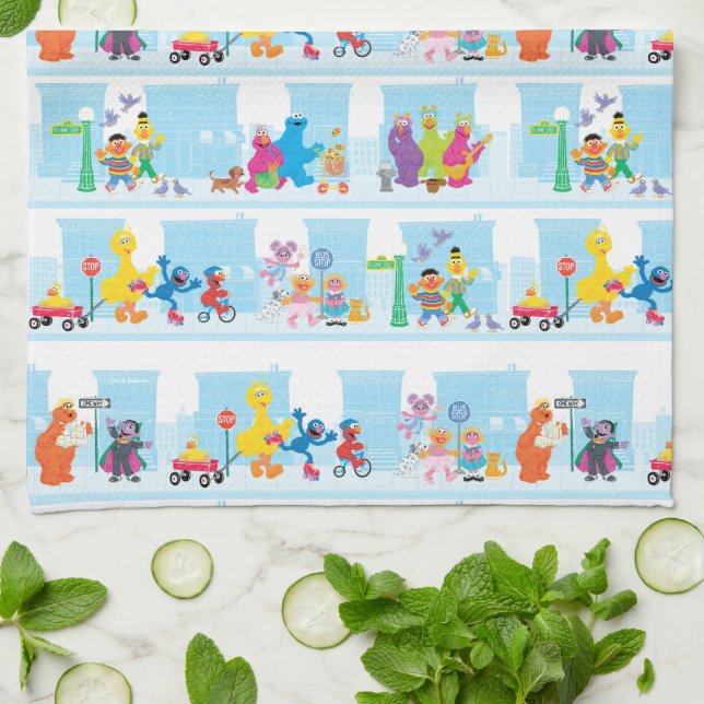Sesame Pals Walking Along Sesame Street Pattern Tea Towel (Folded)