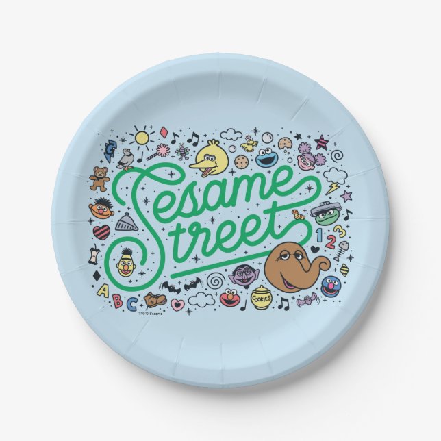 Sesame Sesame | Sesame Street Green Doodle Script Paper Plate (Front)