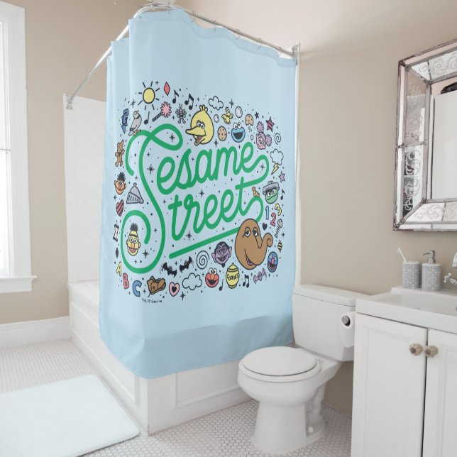 Sesame Sesame | Sesame Street Green Doodle Script Shower Curtain (In Situ)