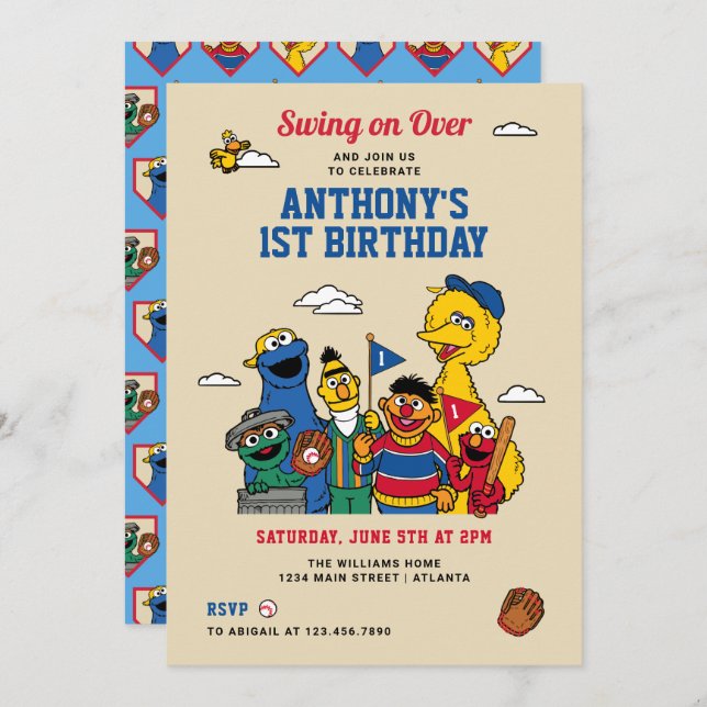 Sesame Street Baseball Birthday Invitation (Front/Back)