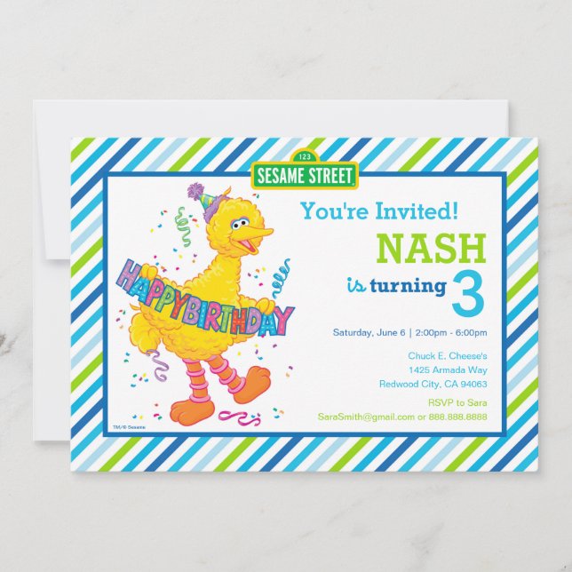Sesame Street Big Bird Blue Striped Birthday Invitation (Front)
