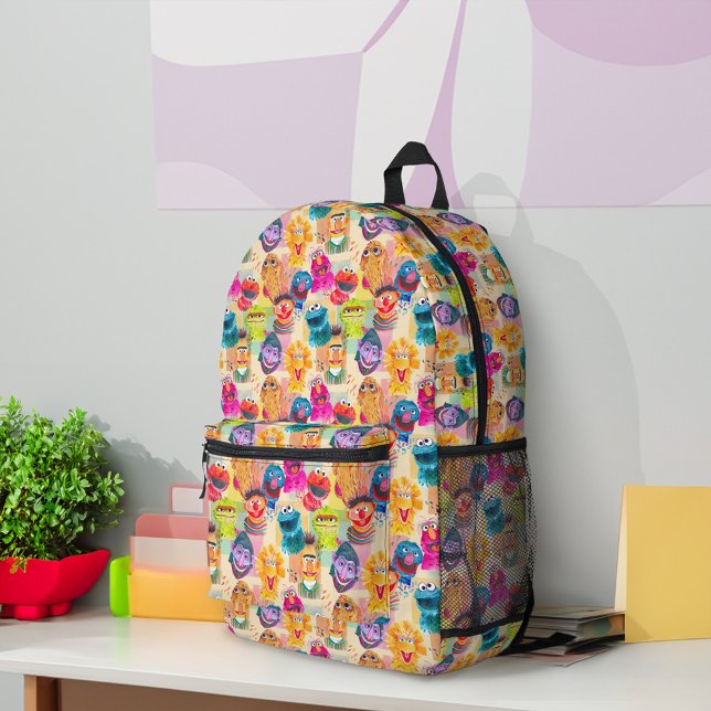 Sesame Street Characters | Colourful Pattern Printed Backpack (Backpack on desk)