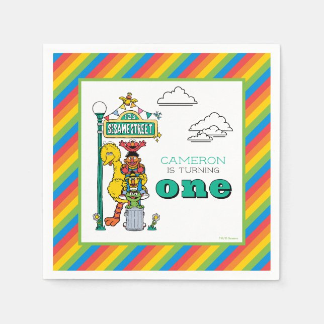 Sesame Street Characters & Street Sign Birthday Na Napkin (Front)