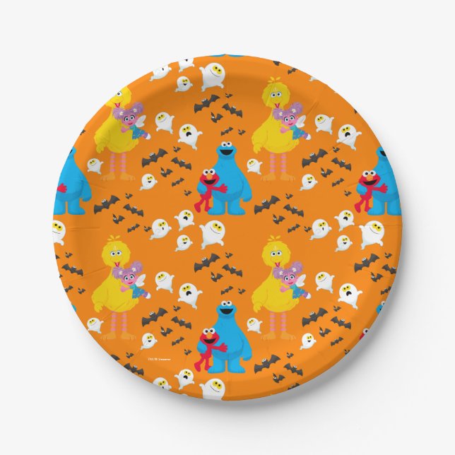 Sesame Street Halloween Bats & Ghosts Pattern Paper Plate (Front)