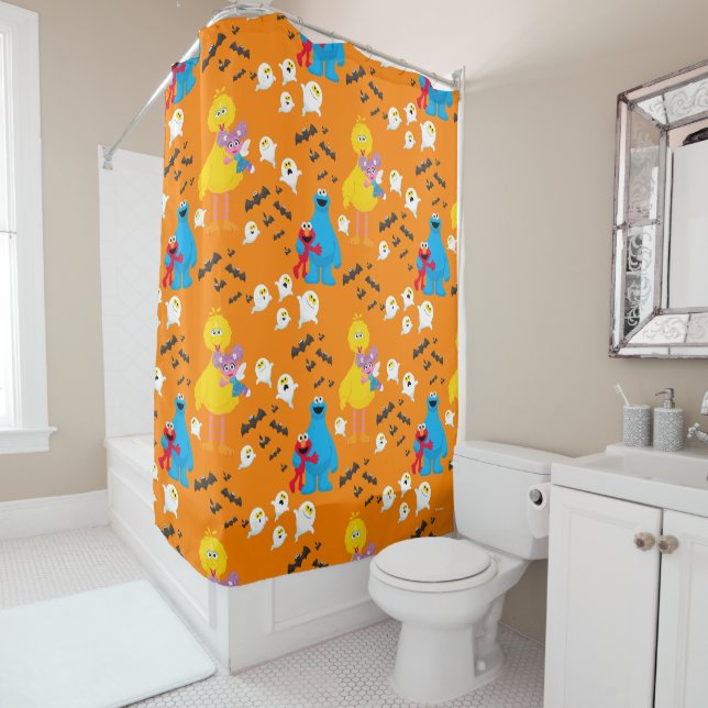 Sesame Street Halloween Bats & Ghosts Pattern Shower Curtain (In Situ)