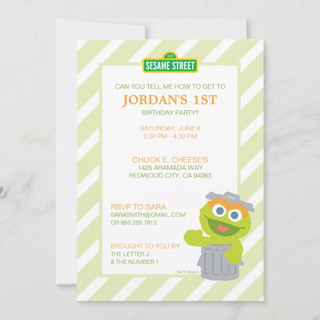 Sesame Street Oscar the Grouch Baby Birthday Invitation (Front)