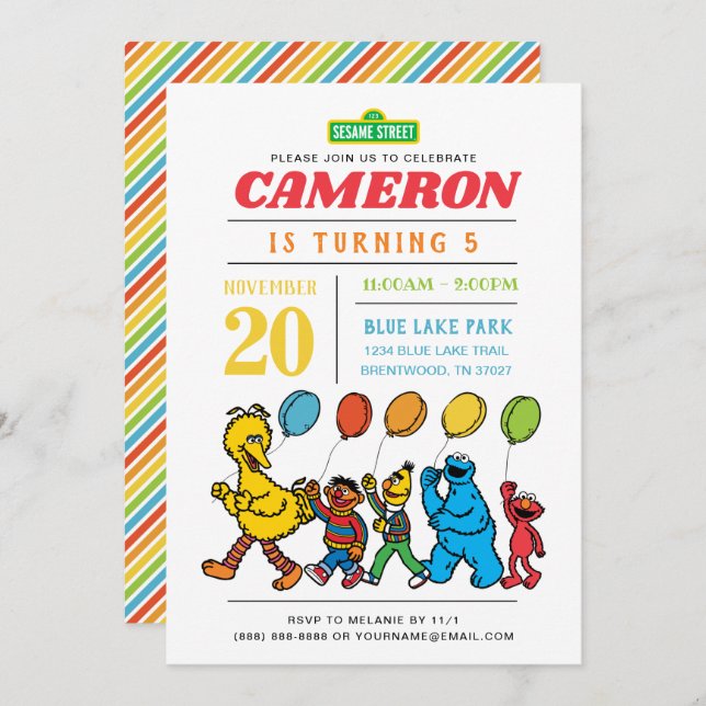 Sesame Street Pals | Balloons 5th Birthday Invitation (Front/Back)