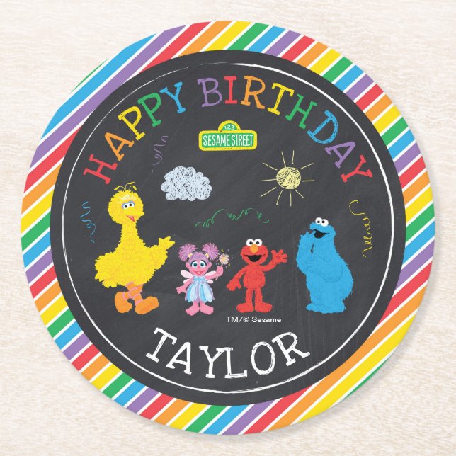 Sesame Street Pals Chalkboard Rainbow Birthday Round Paper Coaster (Front)