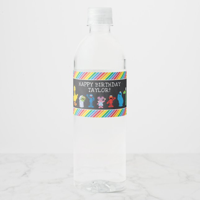Sesame Street Pals Chalkboard Rainbow Birthday Water Bottle Label (Front)